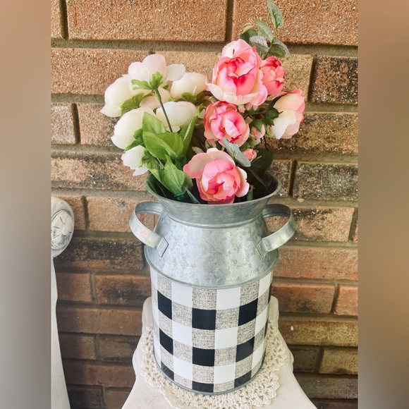 *Black & White Buffalo Check Milk Can, Large 9.25” - Picture 7 of 13